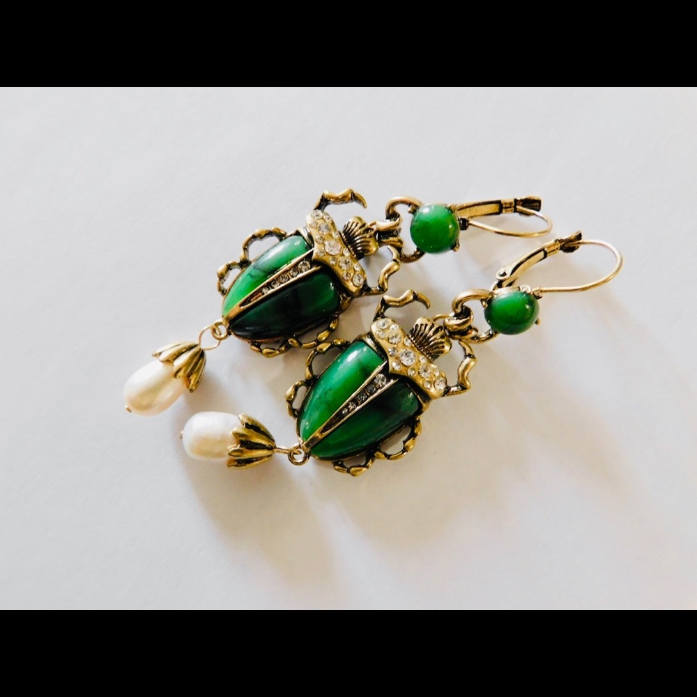 Gold Earrings Art Deco Green Scarab Beetle Pearl Crystal Egyptian Jewelry Gifts - Picture 2 of 4